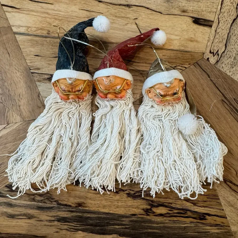 Vintage Santa Claus Head Ornaments Wire Glasses Mop String Beard Set of 3 Retro